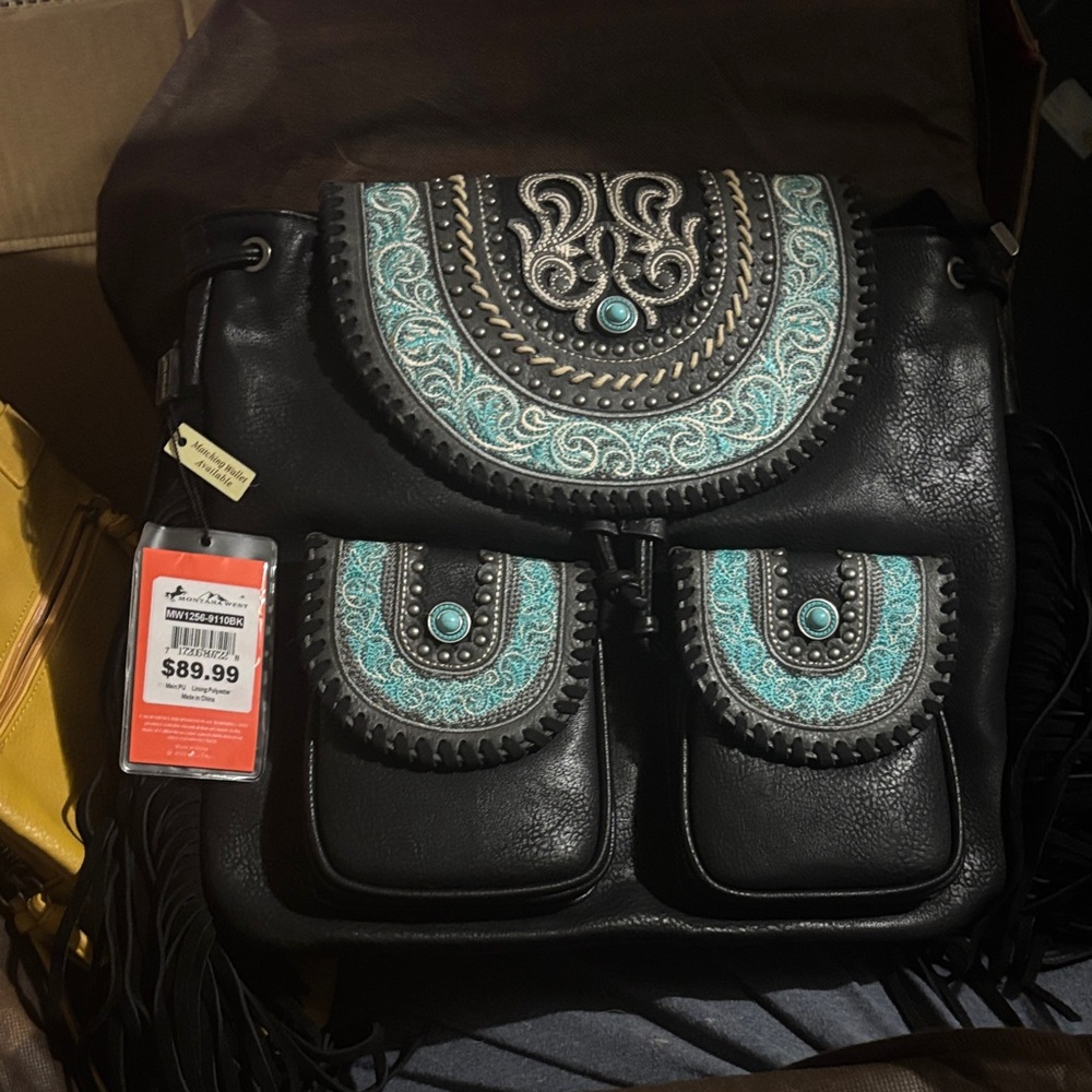 Montana West Black Leather Fringe Backpack with Turquoise Embroidery